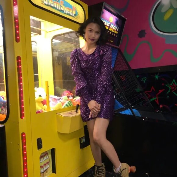 For Love & Lemons La Villette Mini Dress Purple sequins Balloon Sleeves 80s!  M - Picture 13 of 15